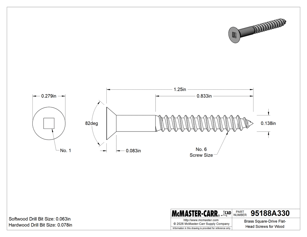 Technical Drawing of Brass Square-Drive Flat-Head Screws for Wood, Number 6 Size, 1-1/4" Long.